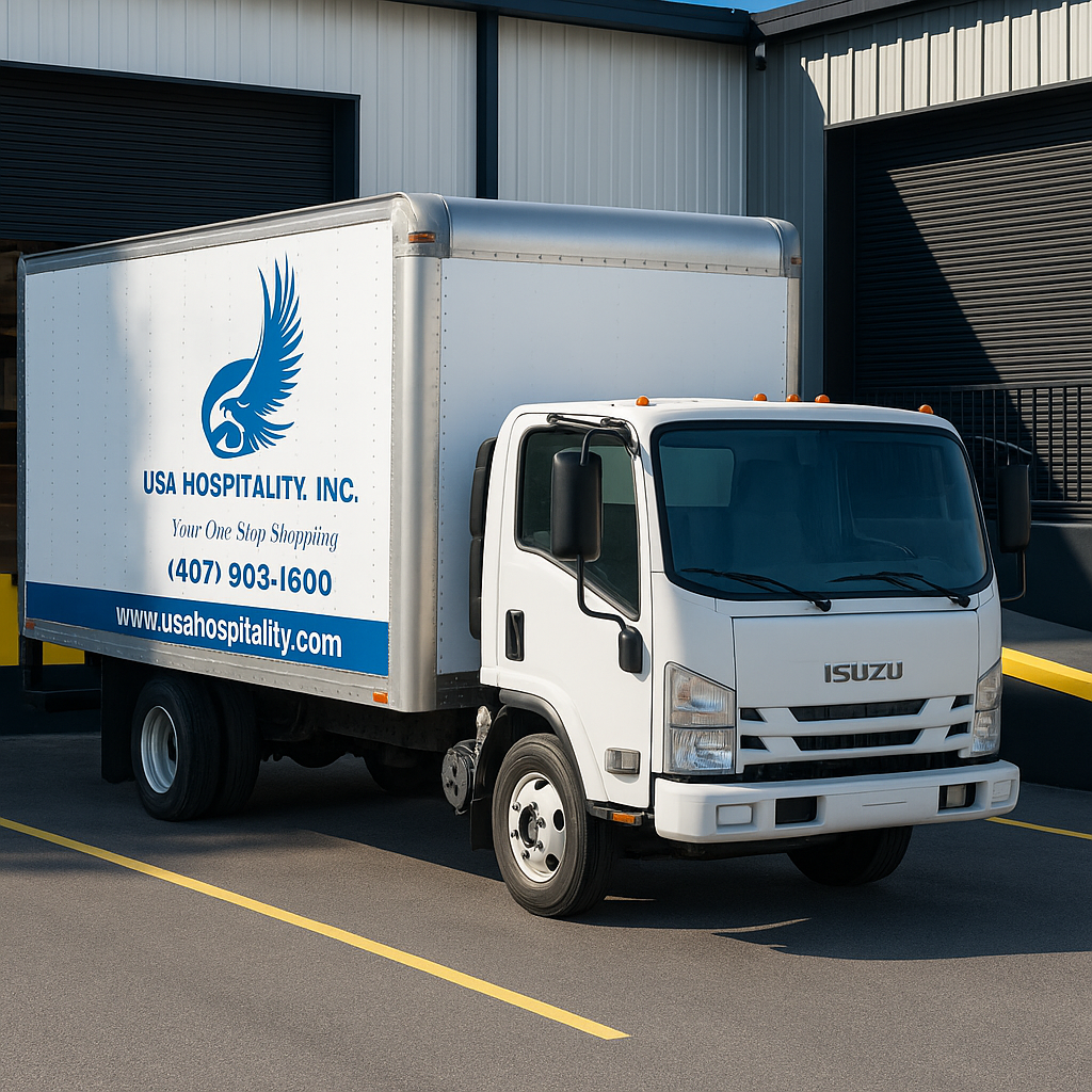 USA Hospitality local delivery truck at warehouse loading dock